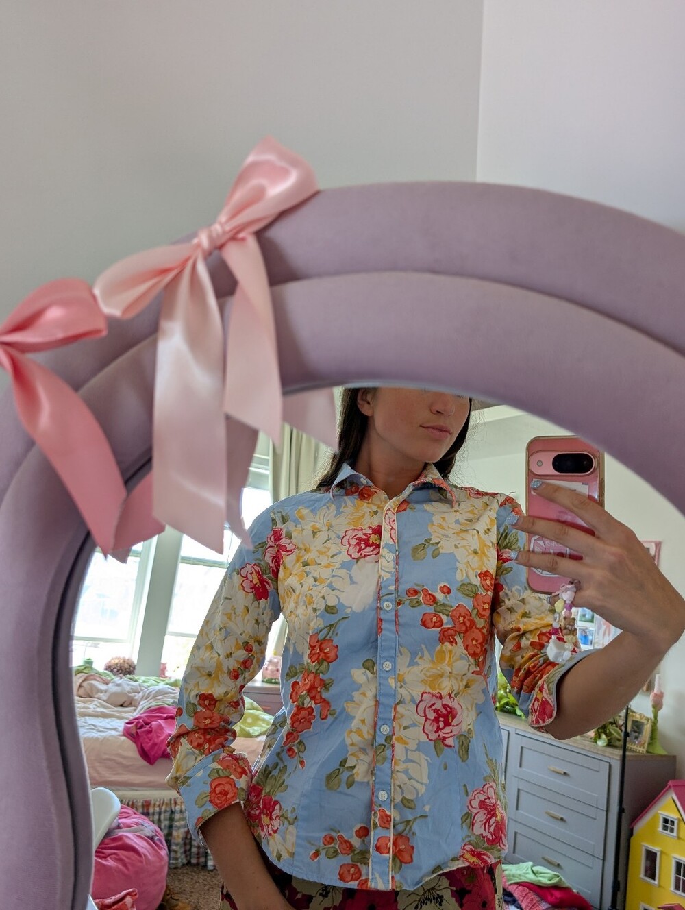 Floral Button-Up Shirt Size Small - Blue with Pink & Yellow Blooms